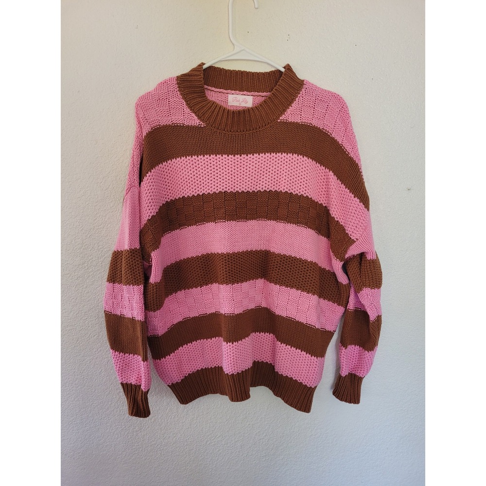 Pink Lily Striped Knit Sweater Pullover Brown Pink Crew Neck Casual Size S #6‎